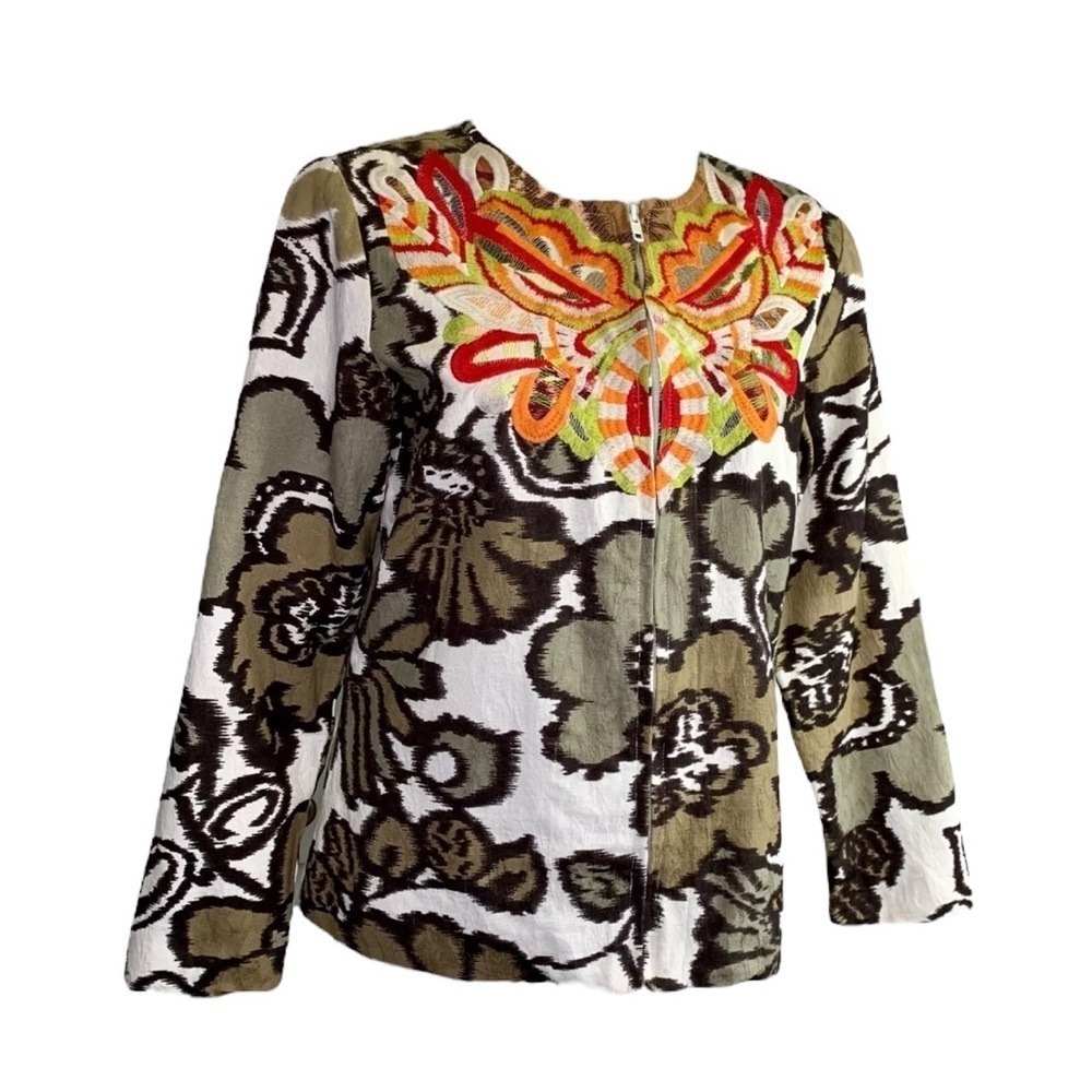 Life Style Womens Cotton Floral Ikat Embroidered Zip Front Jacket Multi Size L